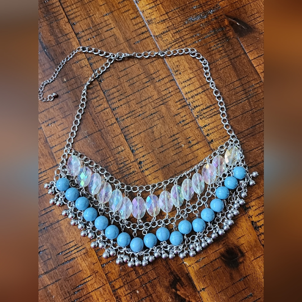 Vintage BABY BLUE and crystal  beaded Bib choker